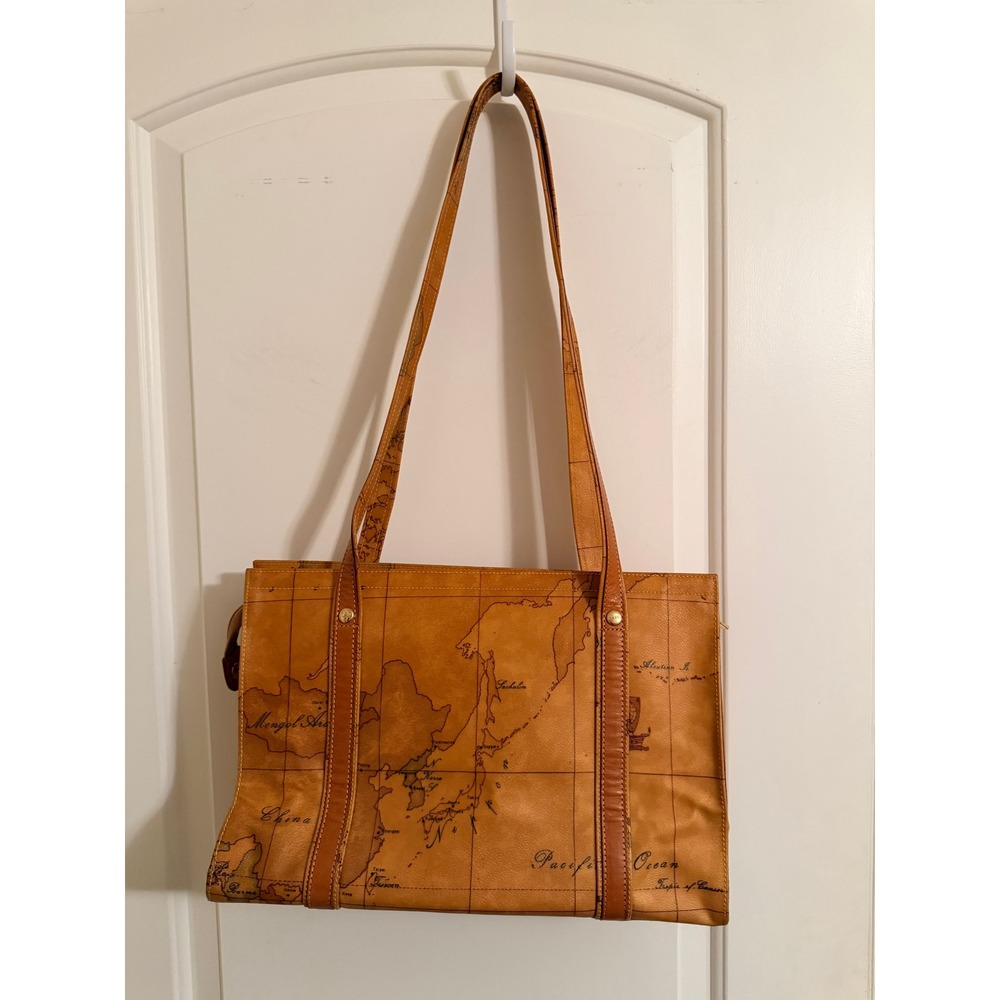 Alviero Martini Rare 1A Classe Geo Map Tote Bag Tan Leather Large Shoulder Bag - Picture 4 of 9